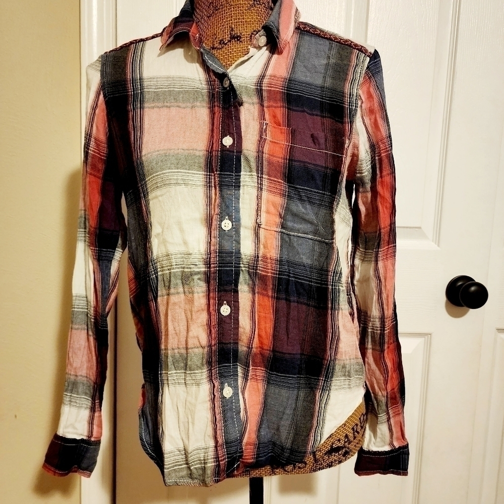 Mudd Pink Blue Plaid Flannel Collared Button Up Shirt Junior's Small S Fall EUC